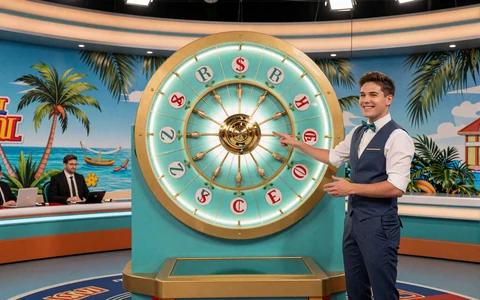 Game-Show-Moderator am leuchtenden Gl&uuml;cksrad - Game Shows bei OnlySpins