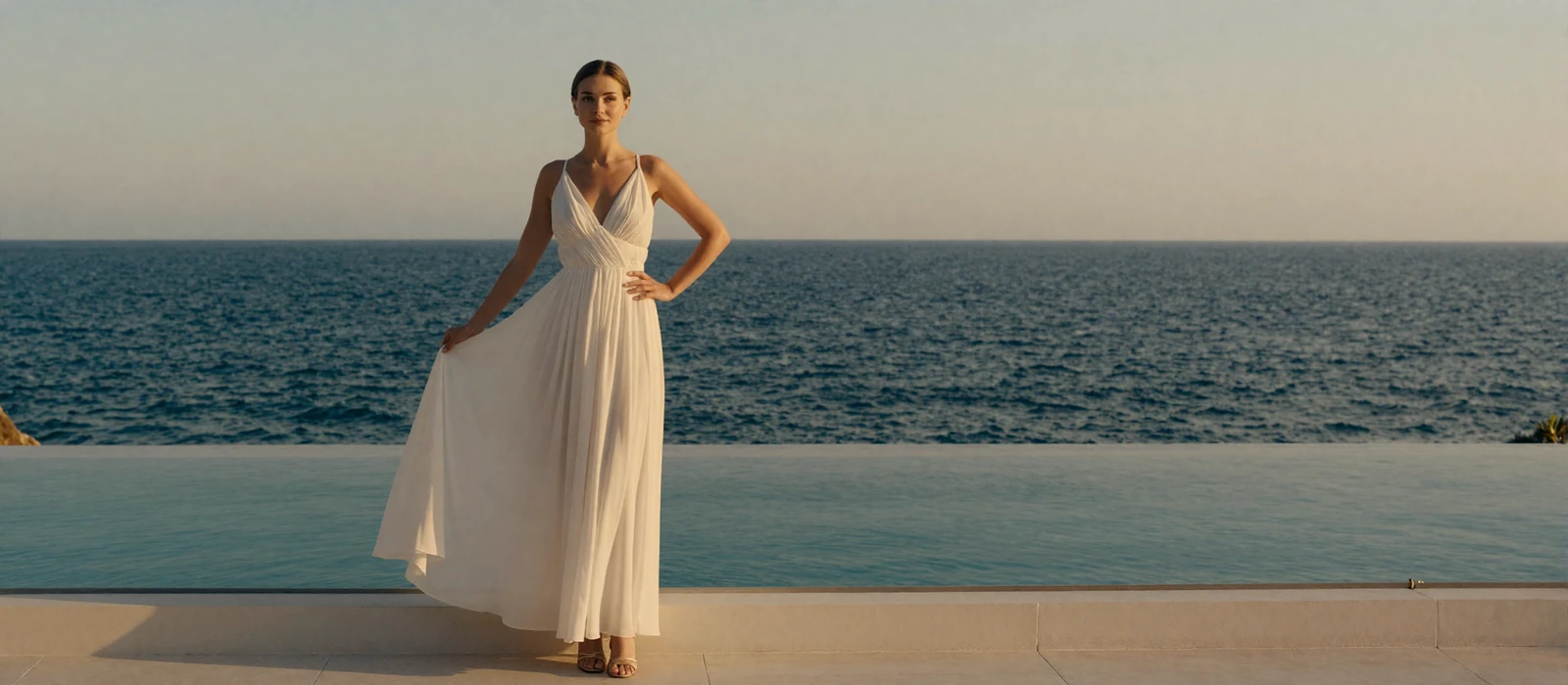 Elegante Frau im wei&szlig;en Kleid auf einer Infinity-Terrasse mit Meerblick bei Abendd&auml;mmerung - OnlySpins Casino Erlebnis
